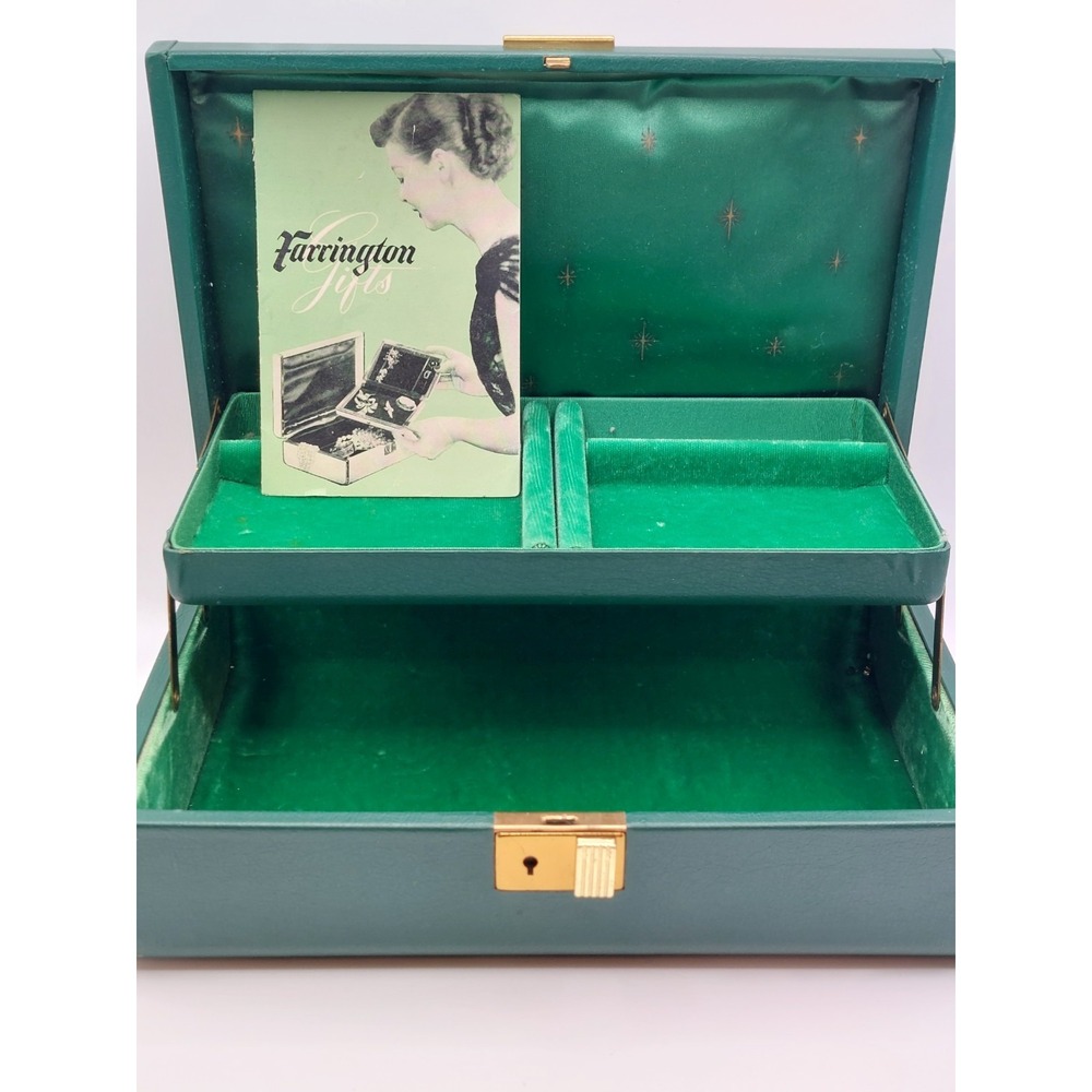 1950s Farrington Jewelry Box Case Genuine Texol Green Velvet MCM Vintage Retro